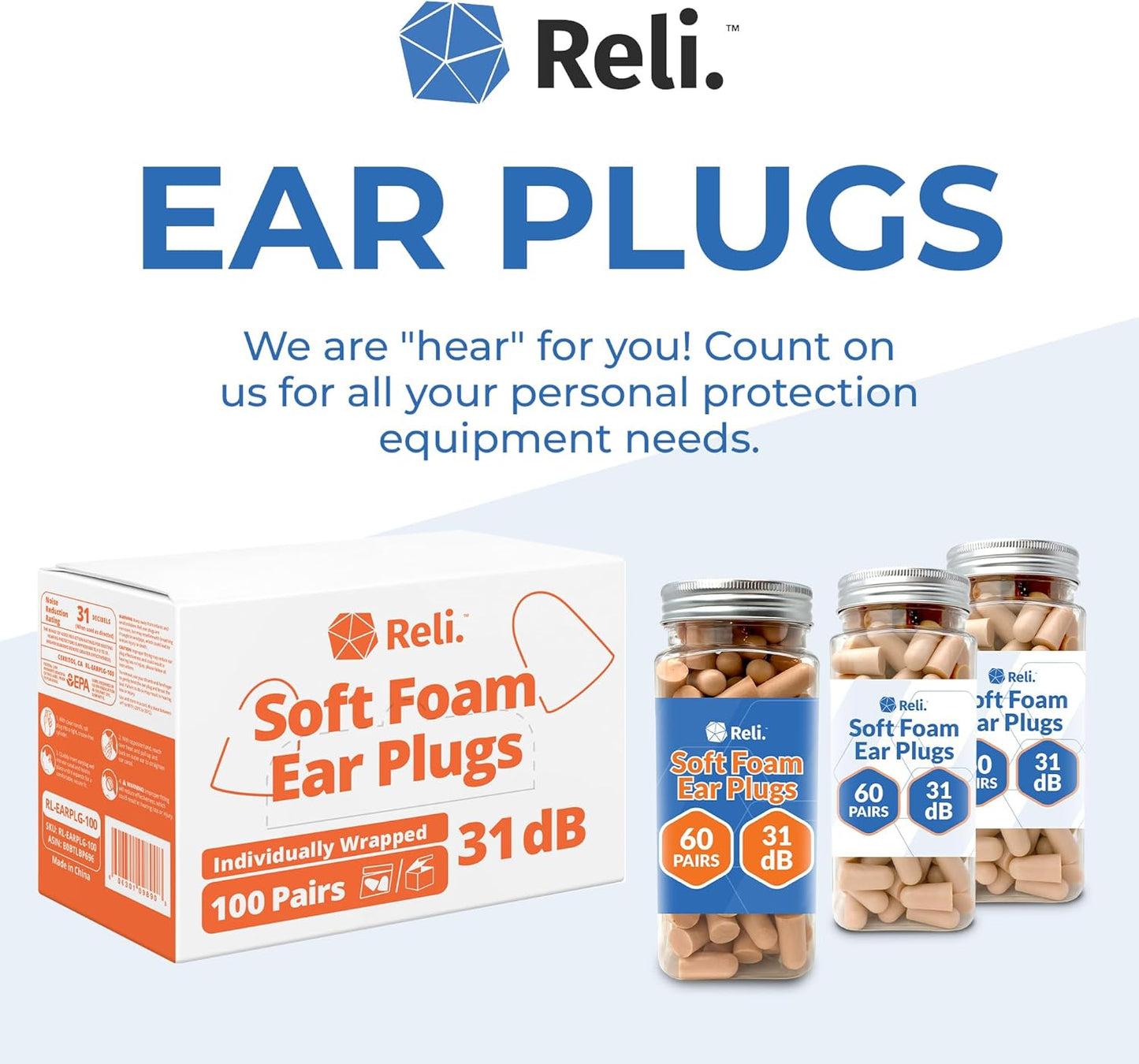 Reli. Foam Ear Plugs (60 Pairs) 31 dB NRR | Disposable Foam Ear Plugs for Sleeping Noise Cancelling | Blocks Loud Snoring, Concerts, Travel, Noise Reduction (Peach)