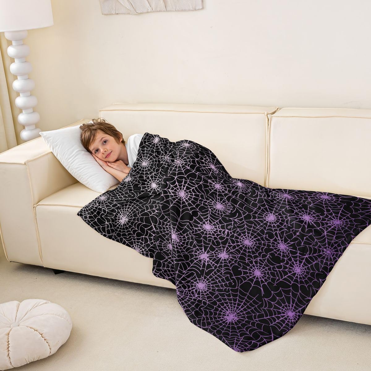 Spider Web Queen Inch Halloween Throw Fleece Blanket Geometric Stripes Lines Fuzzy for Adults, Purple Ombre Microfiber Bedroom Decor, Black White
