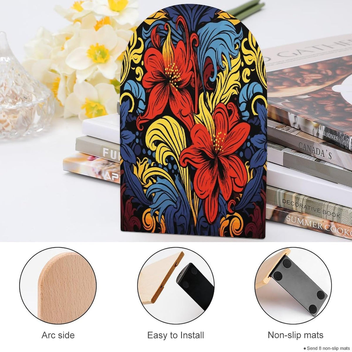 Red and Yellow Style Wooden Bookend Non-Slip Book Ends Heavy Duty Book Stopper with Metal Base Books Holderd Decorative Bookends Stands Firmly for Office Supplies