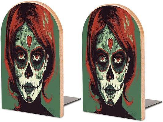 Skull Makeup Wooden Bookend Non-Slip Book Ends Heavy Duty Book Stopper with Metal Base Books Holderd Decorative Bookends Stands Firmly for Office Supplies