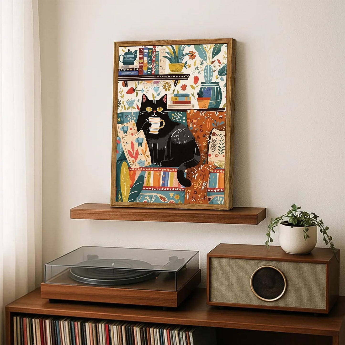Framed Funny Black Cat Canvas Wall Art, Cute Cat Drinking Coffee on Sofa Pictures Wall Decor, Eclectic Animal Paintings Prints Boho Home Decor for Living Room Cafe Kitchen Bar 16x24 inch