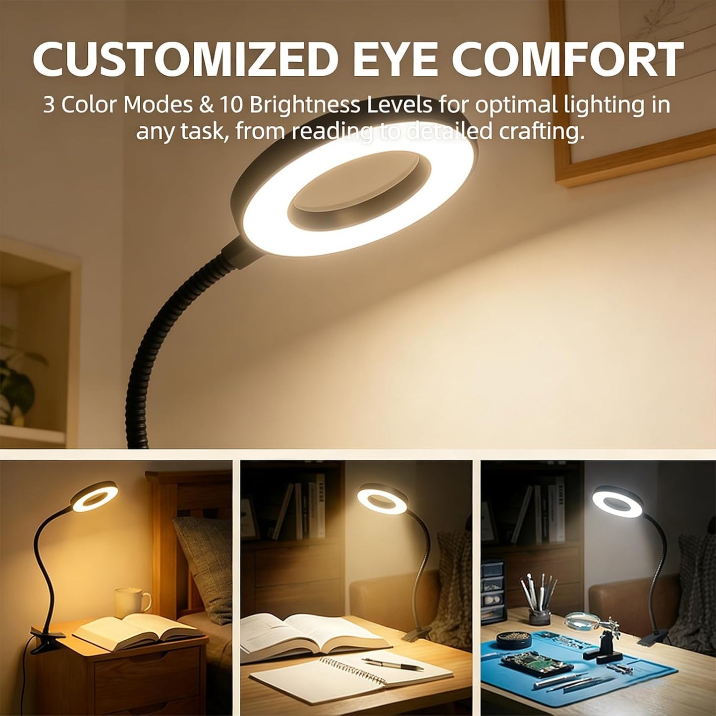 LED Clip On Book Light Desk Lamp with 3 Color Modes,10 Brightness Levels Flexible Arm Night Light,USB Powered Eye-Care Bedside Reading Light for Kids Books in Bed, Table Lamp for Home Office Dorm