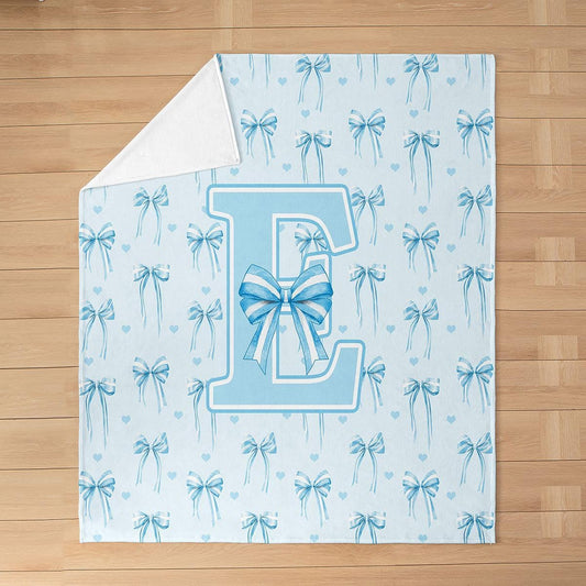 Feelyou Cute Blue Bow Fleece Throw Blanket Personalized Initial E Flannel Blanket Plush Fuzzy Monogrammed Kawaii Coquette Bow Knot Throw 50"x60" Dreamy Princess Style Bedroom Decor