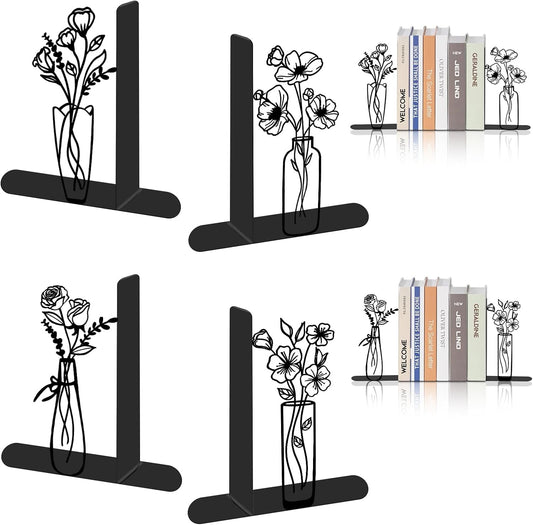 4 Pcs Floral Metal Bookends - Flowers Book Ends for Shelves Decorative, Home Office Desk Bookshelf Decor, Gift for Floral Lovers and Reading Enthusiasts, Reading Gifts for Women