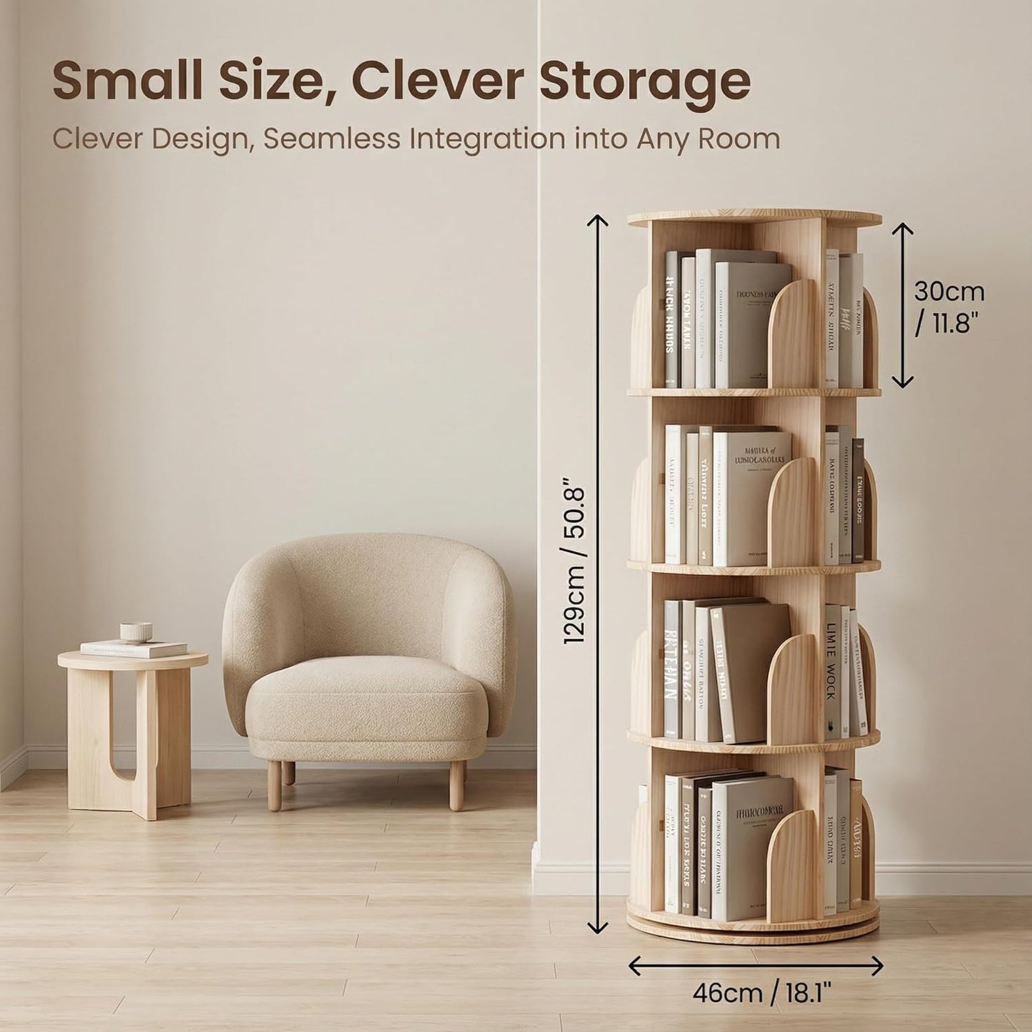 Solid Wood Rotating Bookshelf, 4-Tier 360° Spinning Bookcase Tower, Stackable Adjustable Book Shelf Organizer for Small Spaces, Corner Standing Storage for Home Office, Living Room & Kids Room