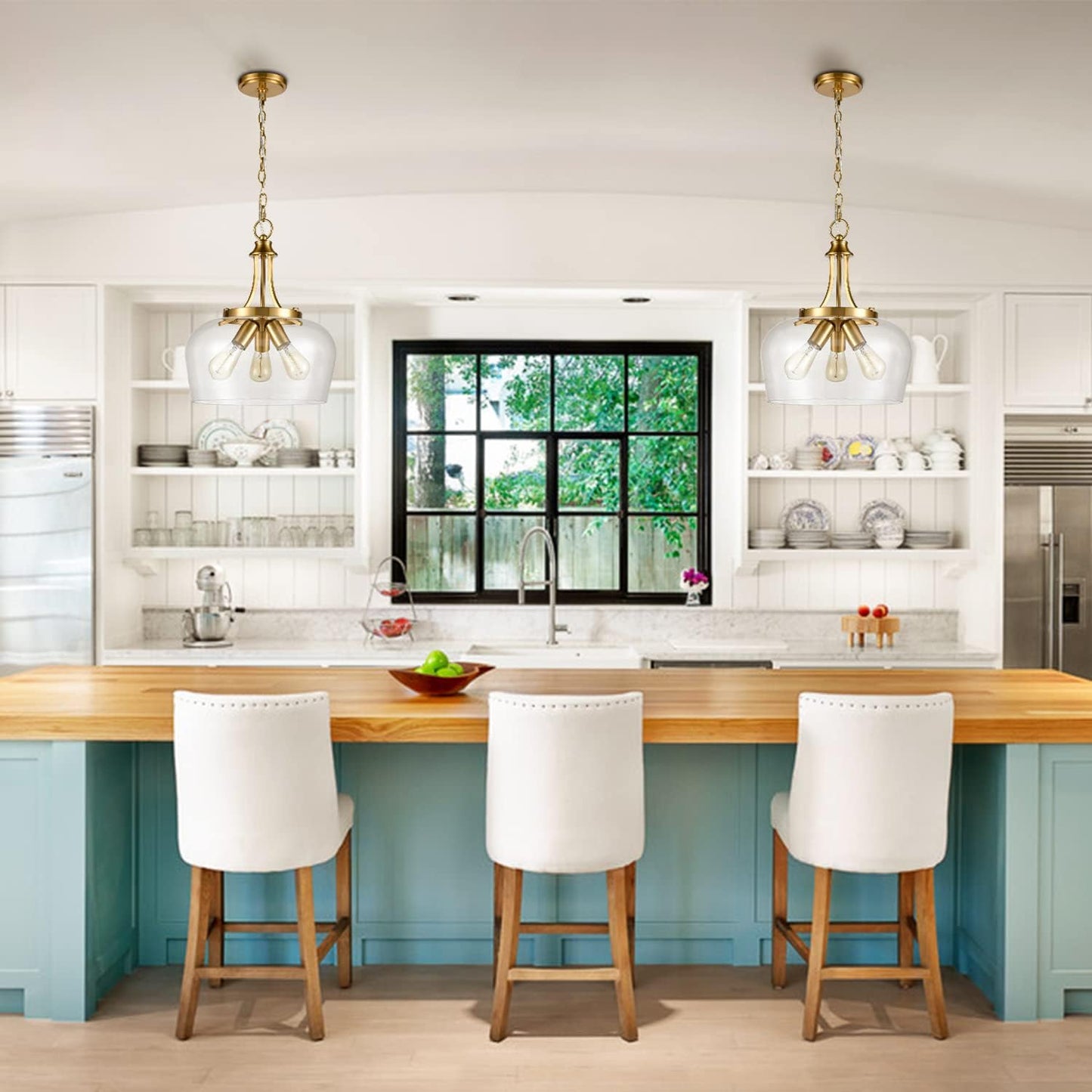 Modern Gold Pendant Light Mid Century 3-Light Clear Glass Pendant Lighting with Adjustable Chain Hardwired Brass Glass Pendant Lights Kitchen Island for Dining Room Bedroom Living Room