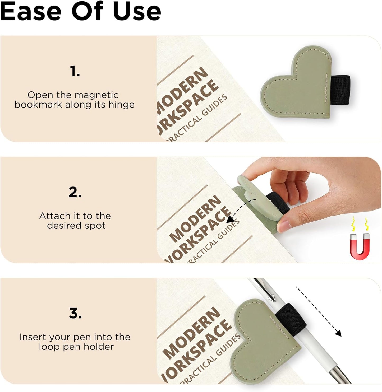 Leather Magnetic Bookmark Pen Loop Holder, Heart Style Pencil Holder Clip for Notebooks, Journals, Calendars, PU Leather Green 3 Pack