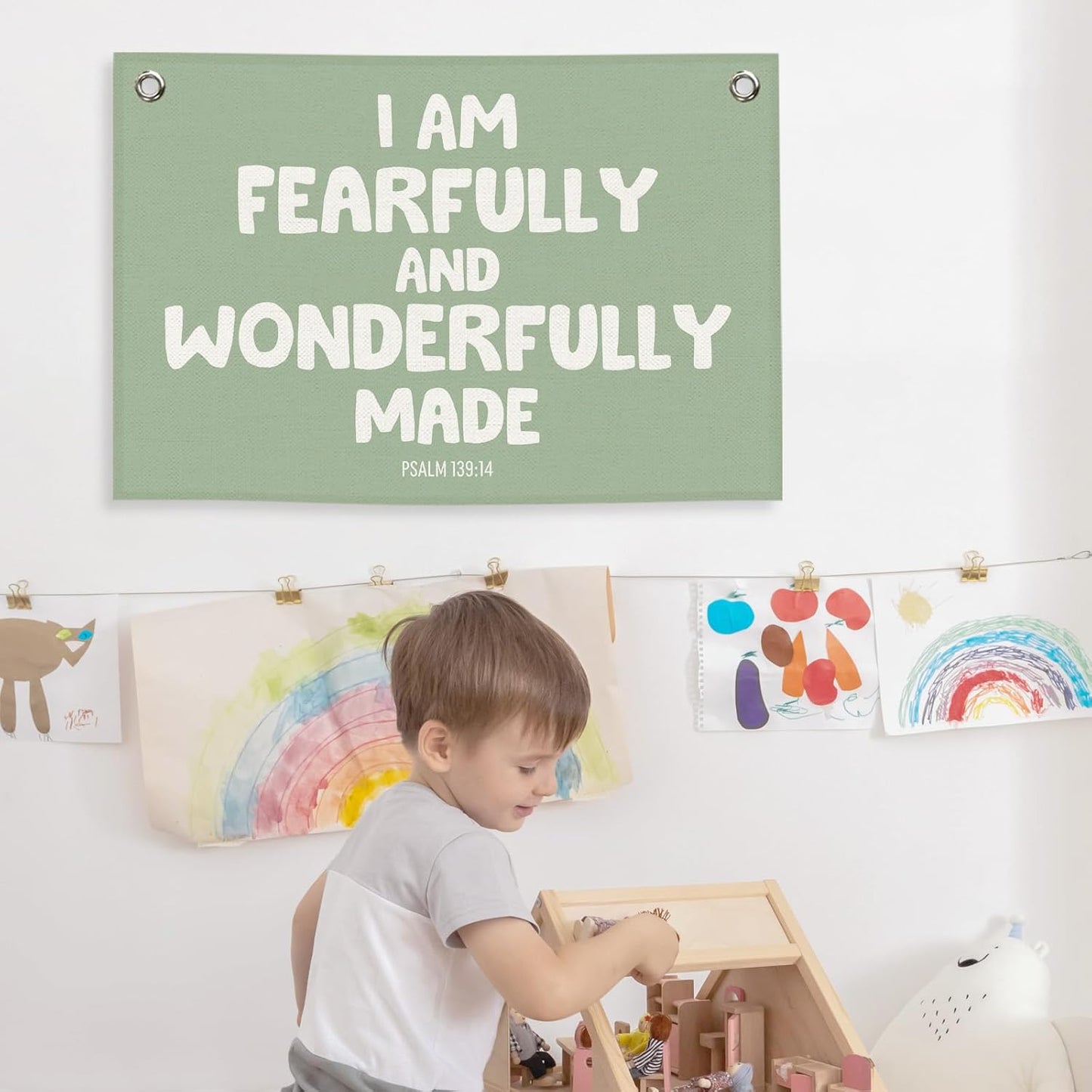 Christian Inspirational Kids Banner Canvas, Bible Verse I'm Fearfully Made Toddler Room Decor, Sage Green Hanging Flag Sign, Nursery Wall Tapestry Art for Playroom Bedroom Classroom 20x30in