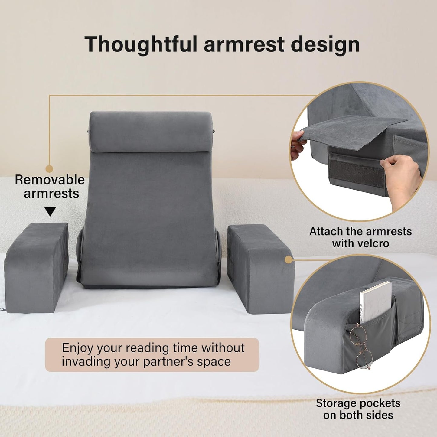 Reading Pillow for Bed Sitting Up — 19" Wedge with Arms, Backrest Cushion, Medium (Grey)