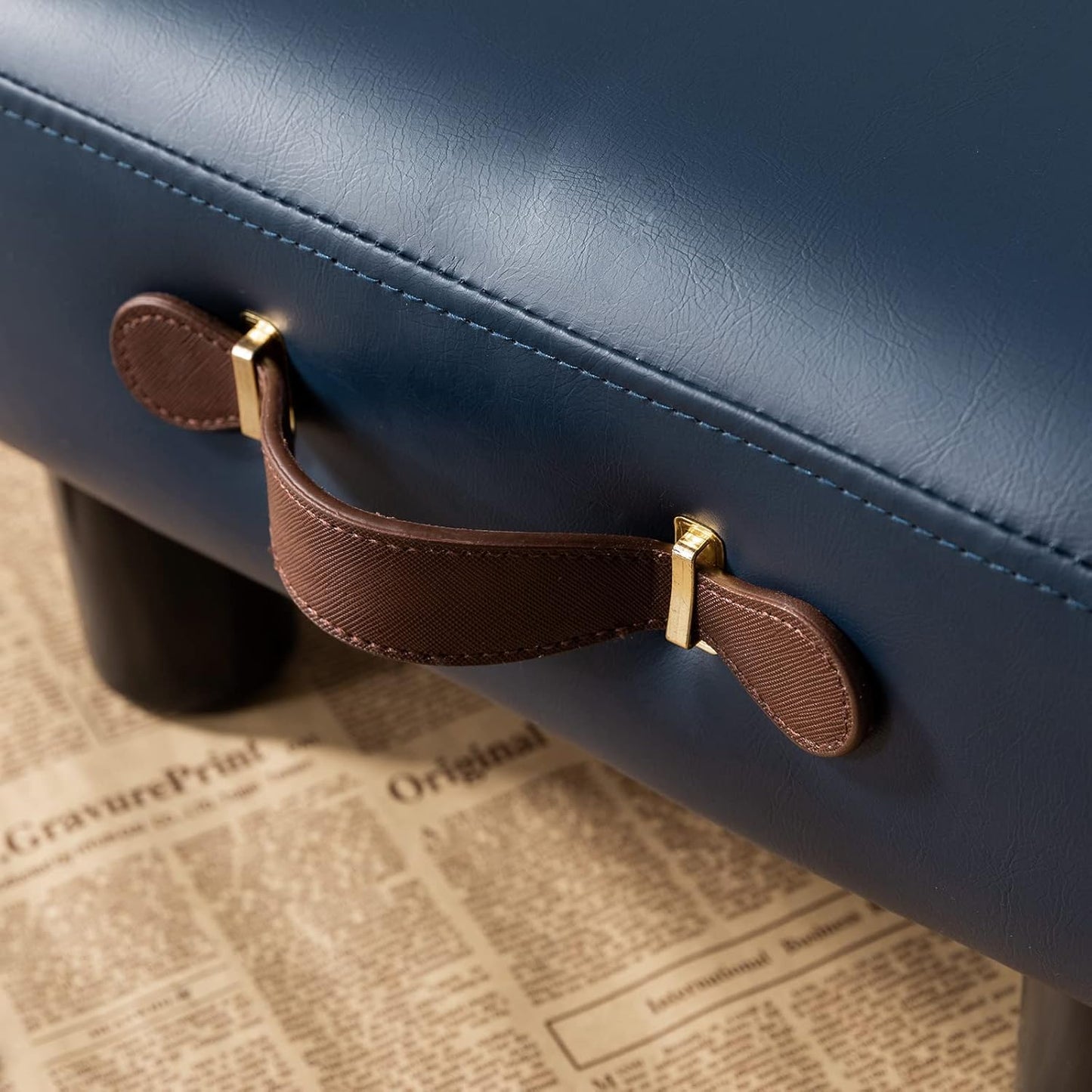 Small Foot Stool with Handle, Blue PU Leather Short Foot Stool Rest, Rectangle Storage Foot Stools Ottoman with Plastic Legs, Padded Footstool Small Step Stool for Living Room, Office, Desk, Patio