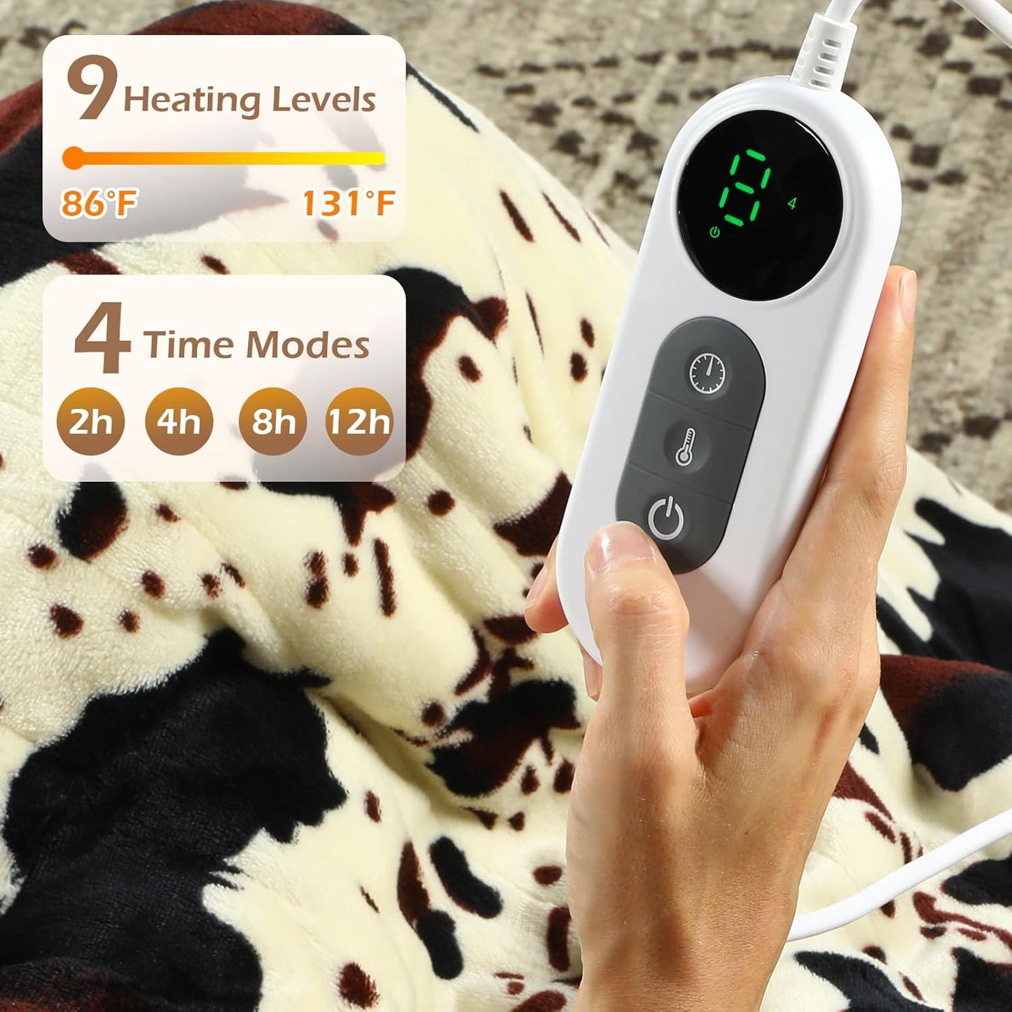 Heated Twin Blanket, 60"x80" Cow Print Electric Twin Heating Blanket, Cozy Soft Flannel Sherpa Heating Blankets with 9 Heat Levels & 2/4/8/12H Auto-Off
