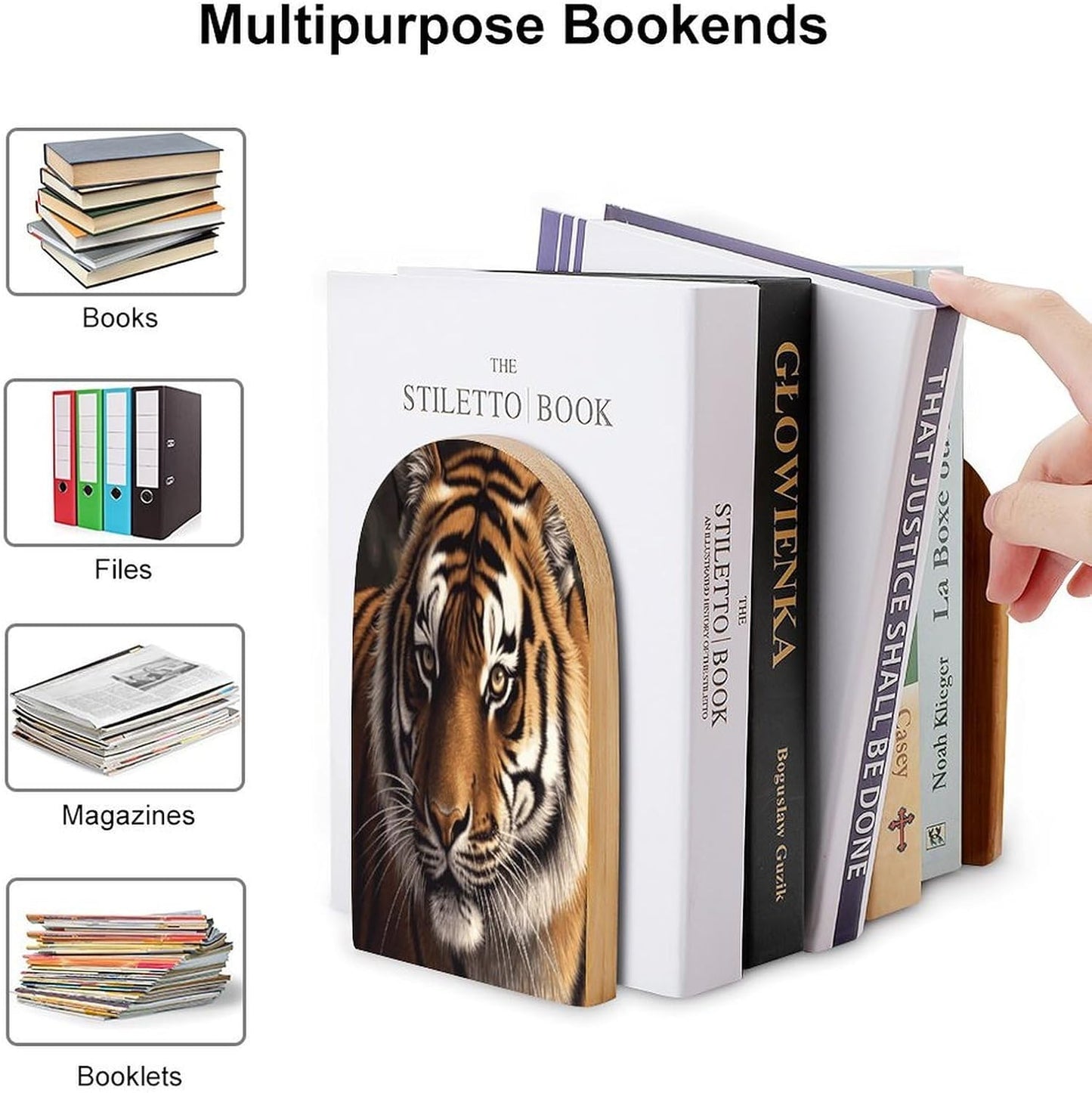 Bengal Tiger Bookend for Shelves Wooden Book End Large Size Sturdy Book Holders Stoppers with Metal Base for Bookshelves Slick Decorative Bookends Stands