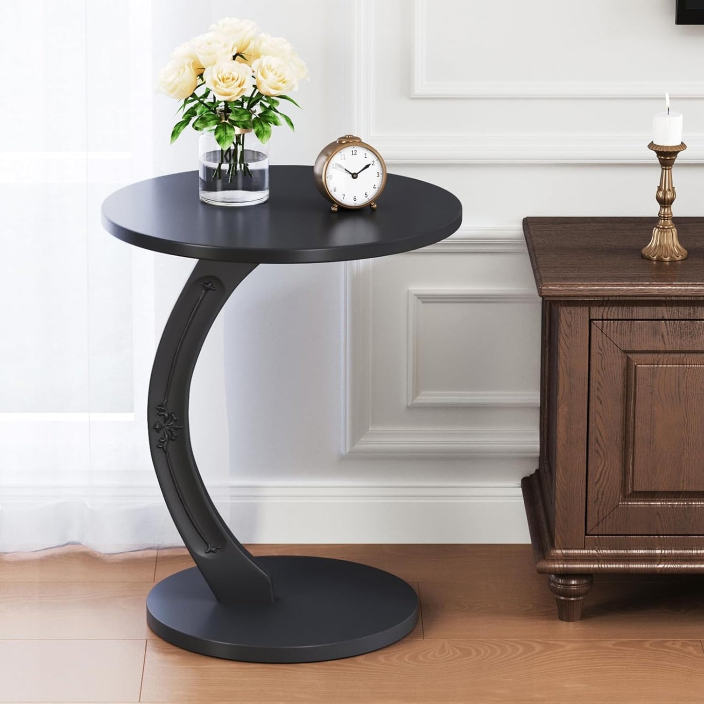 Uniclinens C-Shaped Solid Wood Round End Table - Side Table for Couch, Sofa Tables Slide Under Couch for Living Room, Small Nightstand for Small Space, Black