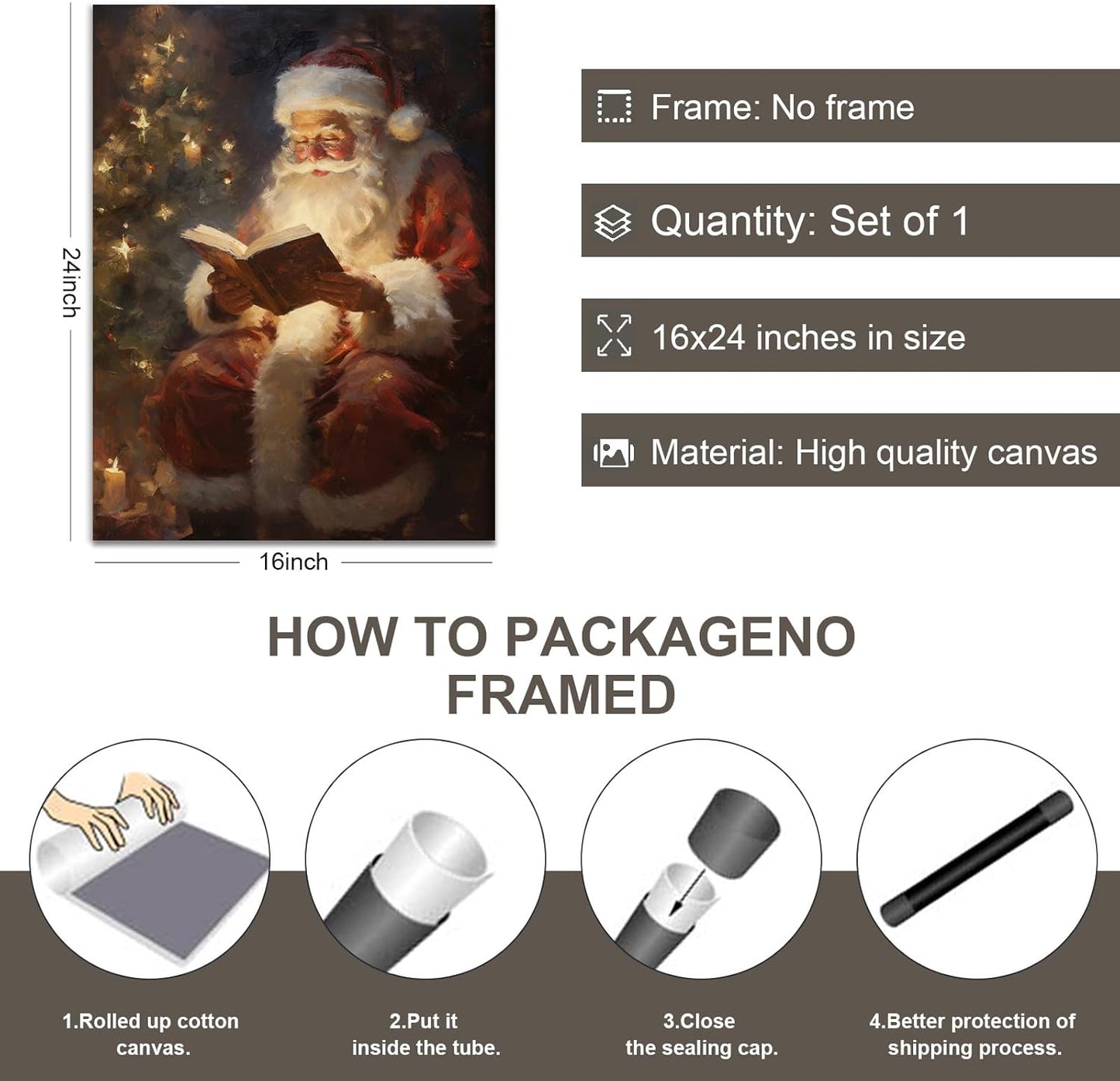 Wodkodnxy Vintage Christmas Canvas Wall Art, Santa Claus Reading Book Pictures for Wall Decor, Christmas Poster Santa Picture, Xmas Wall Decorations 16x24in Unframed