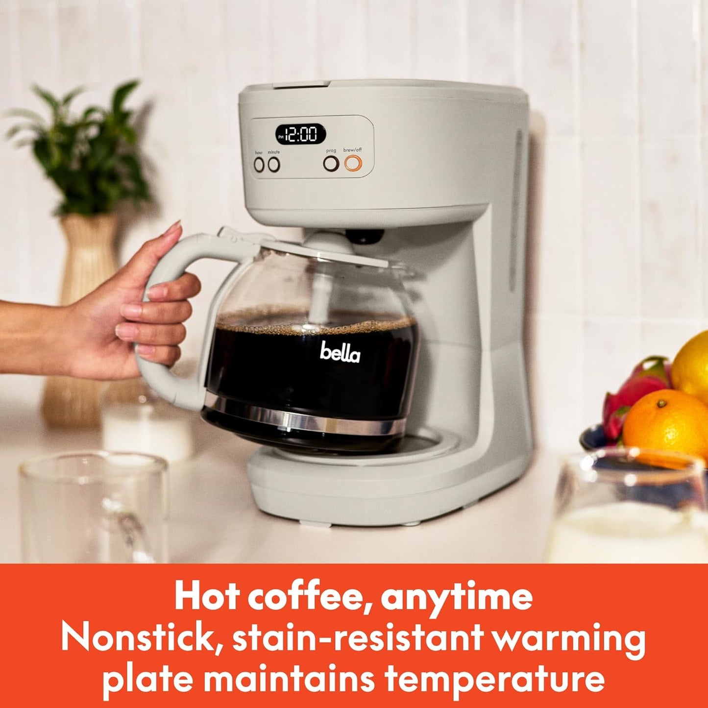 BELLA 12 Cup Programmable Coffee Marker, Reusable Dishwasher Safe Accessories, Easy LCD diaply, Auto Shutoff, 900 watt, Oatmilk