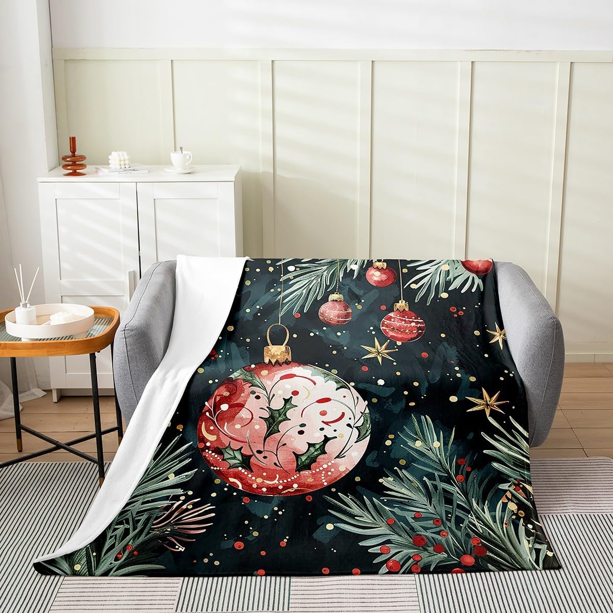 Feelyou Christmas Plush Throw Blanket Throw 50"x60" Hollyhock Green Branch Flannel Fleece Blanket for Sofa Couch Boys Girls Christmas Tree All Season for Bed Black Xmas Bright