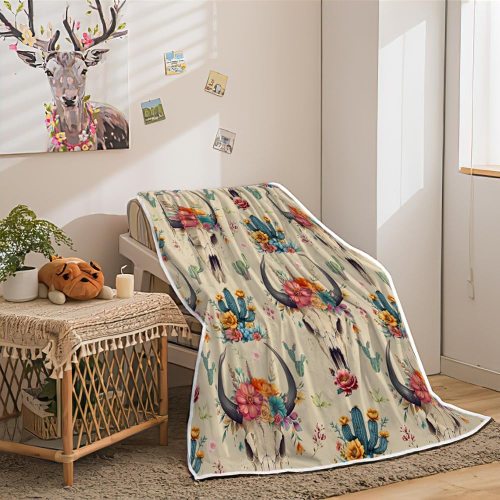 NYMB Western Boho Throw Blanket, Bohemian Cowboy Southwestern Bull Skull Warm and Cozy Fleece Throw Blanket for Bed, Couch, Native Aztec Cactus Farmhouse American West Travel Camping Blanket, 50X60in