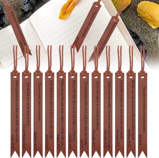 12 Pieces Leather Bookmarks, BetterJonny Bible Verses Bookmarks Handmade Genuine Leather Page Markers for Women, Kids, Book Accessories for Reading Lover Handmade Book Reading Gift(Brown)