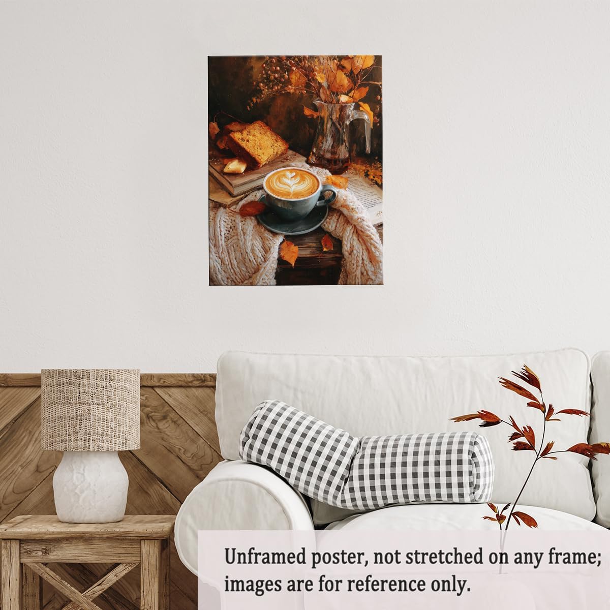 Autumn Coffee Still Life Wall Art – Cozy Fall Latte and Sweater Canvas Print with Bread, Leaves, and Books for Seasonal Kitchen or Reading Nook Decor-12x16Inch Ready to Hang (Unframed)