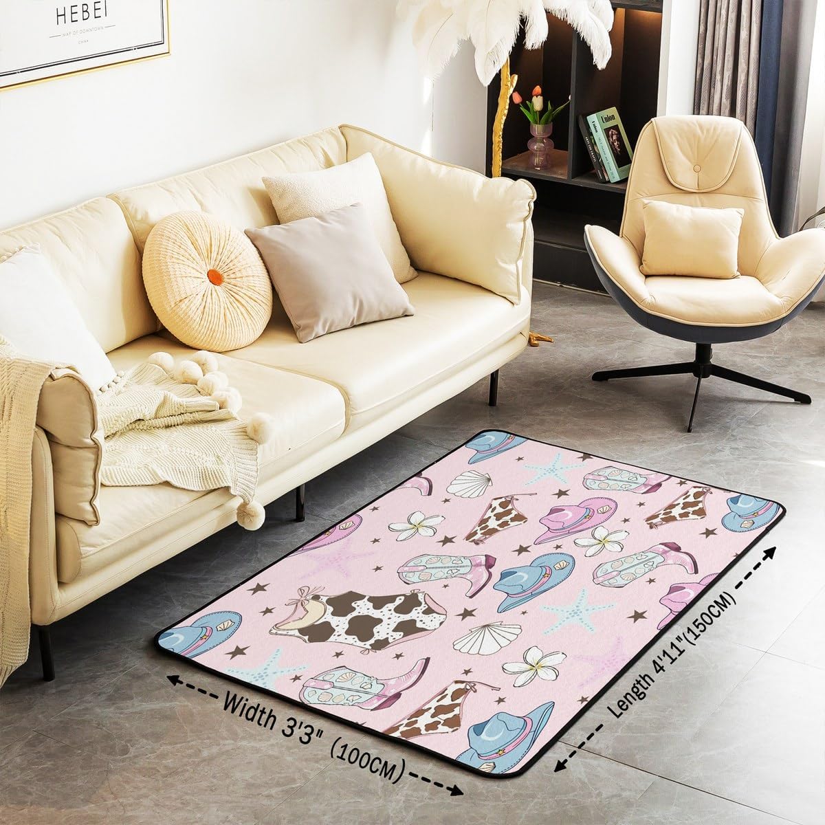 Erosebridal Cowgirl Area Rug 4'11" x 3'3" Boots Hats Living Room Rugs for Girls Women Cartoon Shell Starfish Summer Beach Floral Pink Blue Decorative Carpet Non Slip Indoor Floor Mat