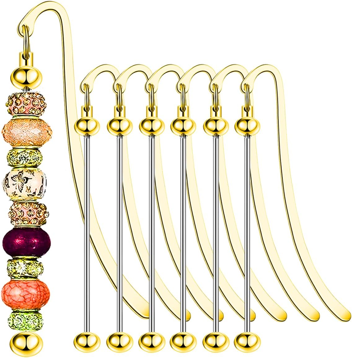 6Pcs Beadable Bookmarks DIY Metal Blank Beaded Bar, Beading Bookmark Bars Bulk for Beads for Book Lovers Student Teacher Office Supplies Craft Jewelry Pendant Charm Gift Birthday Present Gold