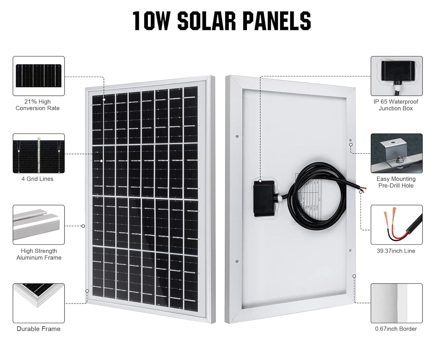 ECO-WORTHY 10W Solar Panel Battery Charger Portable for Charging 12V Battery or Vehicle Gate Opener,Electrical Fence Chicken Coop Lawn Tractor Boat