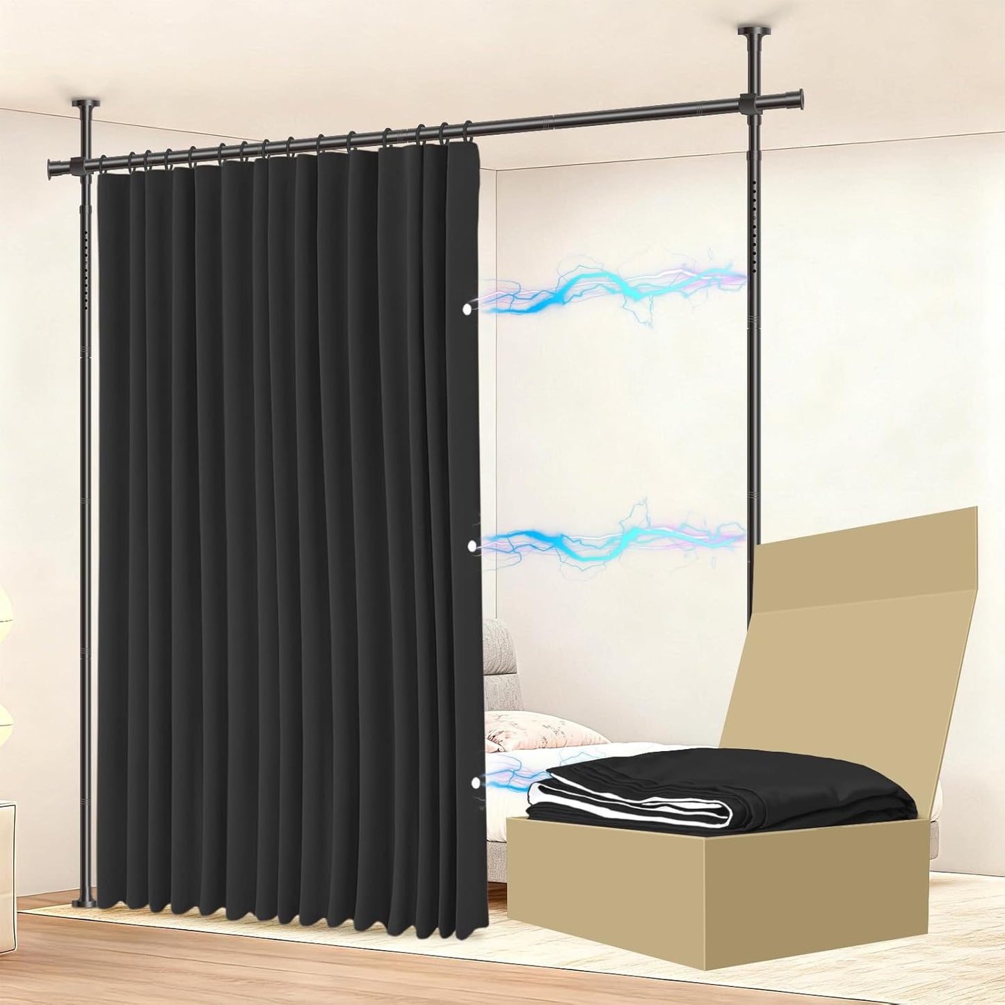 No-Drill Room Divider Curtain Set: Includes 106" W x 84" L Black Curtain & Adjustable Pole Brackets (35-100" W x 43-120" H Adjustable Range)