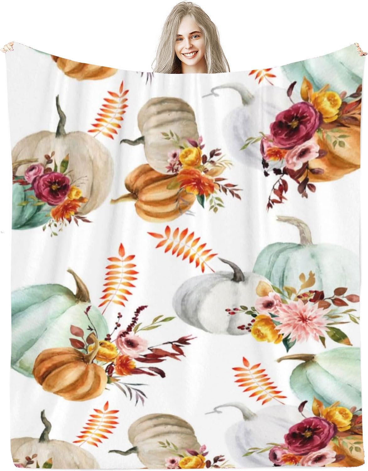 Autumn Decor Fleece Throw Blankets, Fall Decor Throw Blanket with Pumpkins Leaves for Bed Couch Sofa, Lightweight Soft Warm Fuzzy Cozy Flannel Blanket 50" x 60"