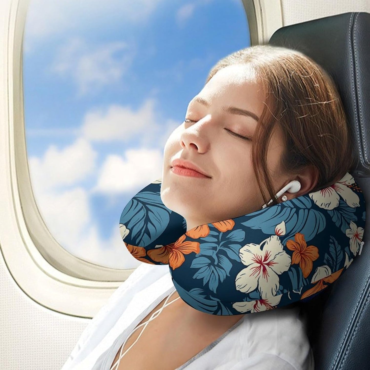 Hawaii Flower Neck Pillow Memory Foam U Shaped Pillows Portable Pillows for Shoulder Travel Head Support Pillow with Concealed Zipper for Airplane Car Home Office
