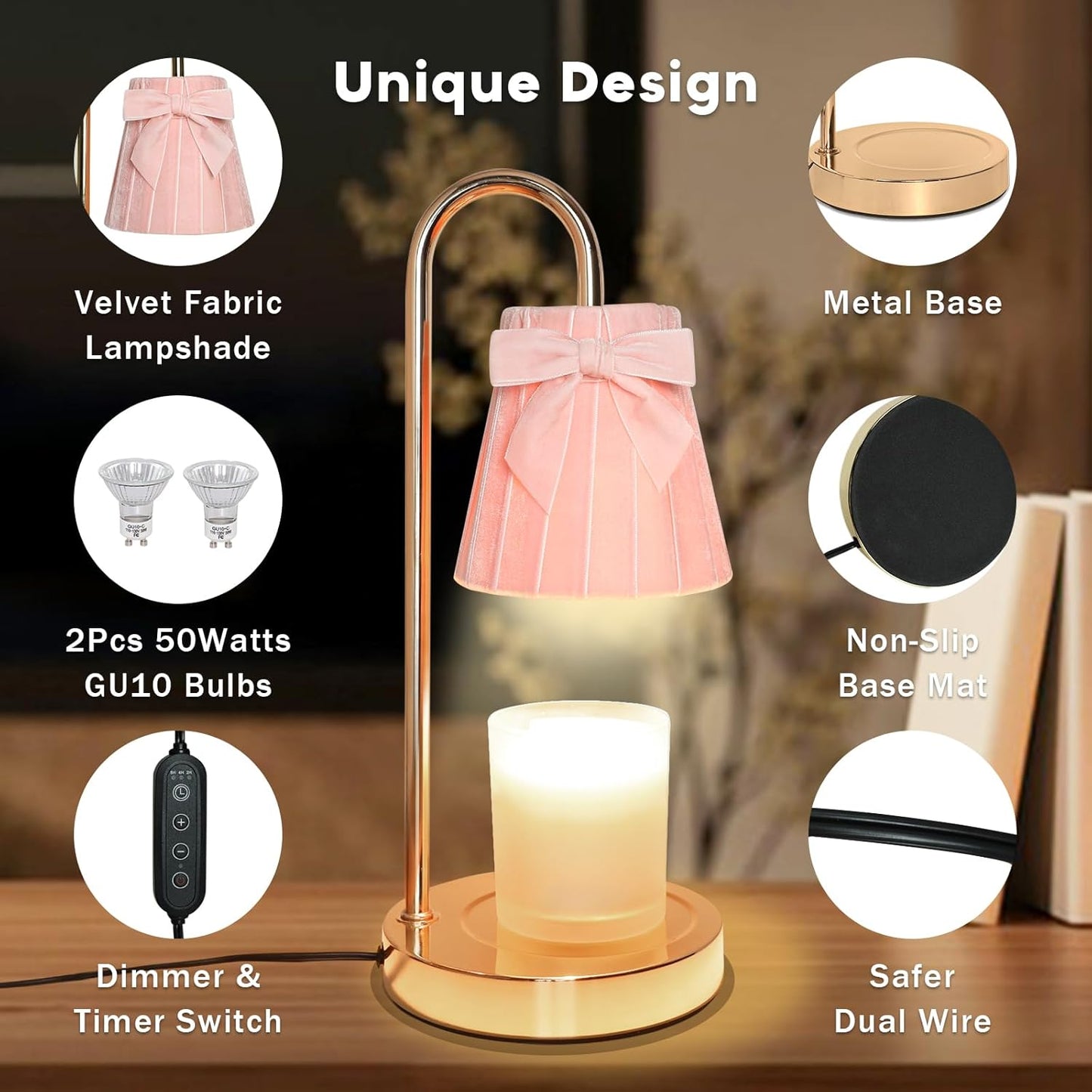 Pink Candle Warmer Lamp with Timer Dimmer Cute Coquette Bow Table Lamp Modern Decorative Bedside Light Valentine's Day Birthday Gifts Idea for Women Mom House Warming New Home Bedroom Decor
