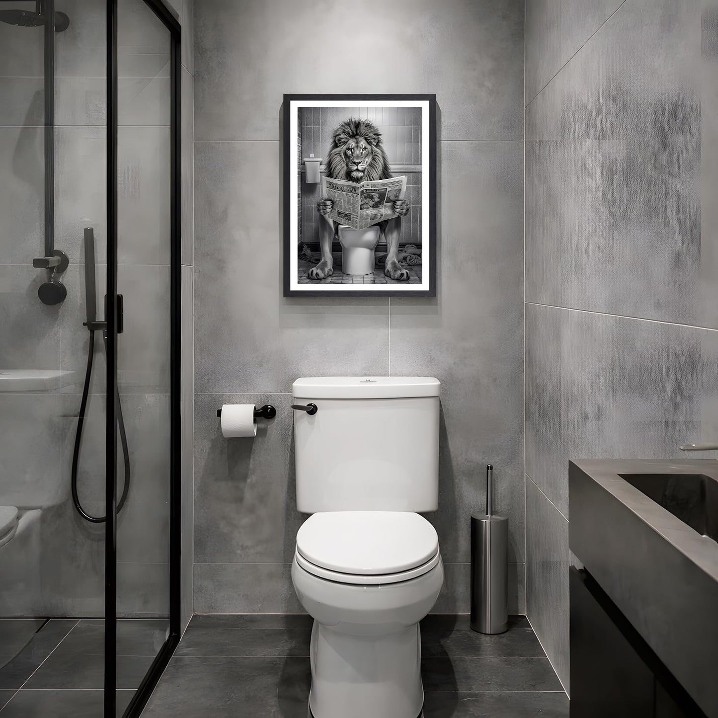 LERVR Wood Framed Funny Lion Bathroom Wall Art, Lion Reading Newspaper Toilet Wall Decor, Black and White Bathroom Canvas Print, Whimsical Animal Aesthetic Picture for Powder Room Restroom 12x16 Inch