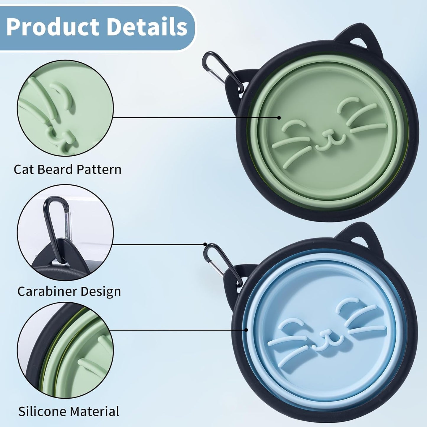 2Pack Silicone Collapsible Dog Bowls, Cute Pet Ear Shape and Cat Graphic Travel Water Bowl Full of Pet Atmosphere 25oz Portable Feeder for Small Large Dog Walking Hiking Camping (Light Blue and Green)