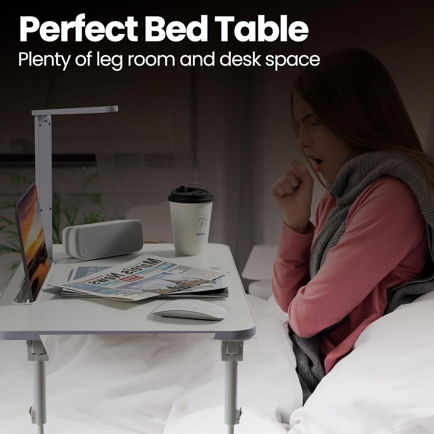 Laptop Desk for Bed Lap Desk with LED Desk Light, Adjustable Tablet Bed Table with Foldable Legs Storage Drawer, Breakfast Serving Tray Folding Laptop Stand Reading Holder for Sofa Couch Floor (WHITE)