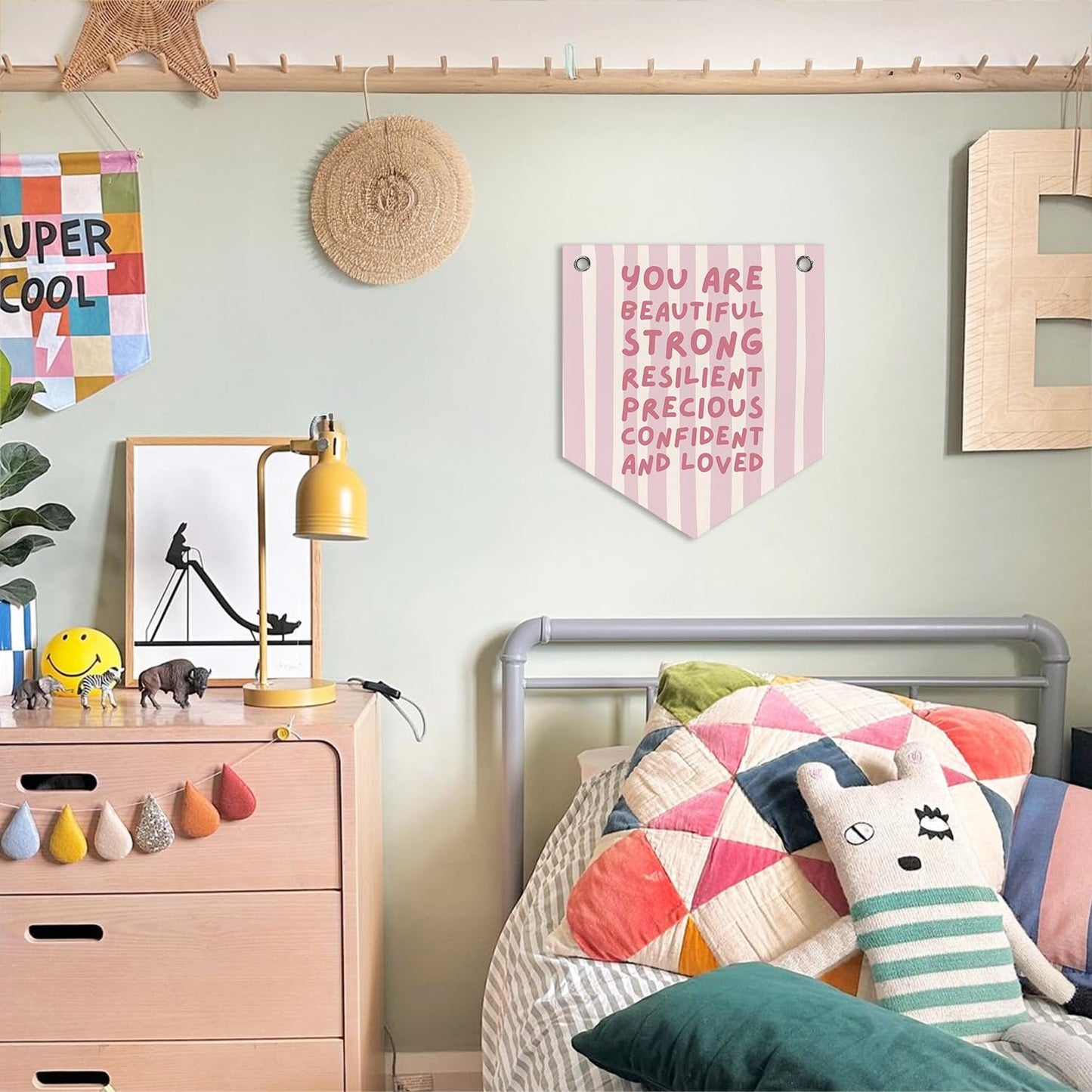 DSHFG Motivational Toddler Girl Room Decor Wall Art, Girls Room Decor for Wall Felt Pennant Flag, Pink Girly Bedroom Dorm Decorations, Kids Nursery Felt Pennant Banner Flag, 12x14 Inch
