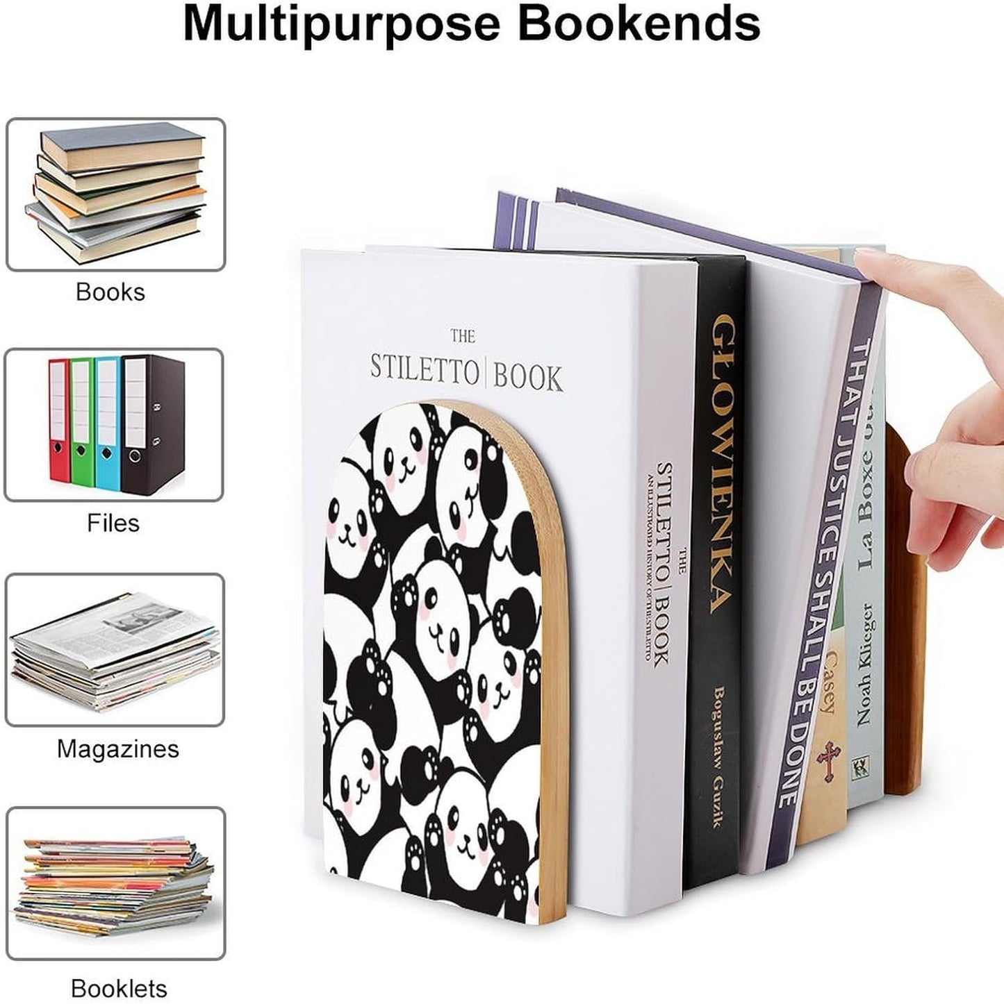 Panda Wooden Bookend Non-Slip Book Ends Heavy Duty Book Stopper with Metal Base Books Holderd Decorative Bookends Stands Firmly for Office Supplies