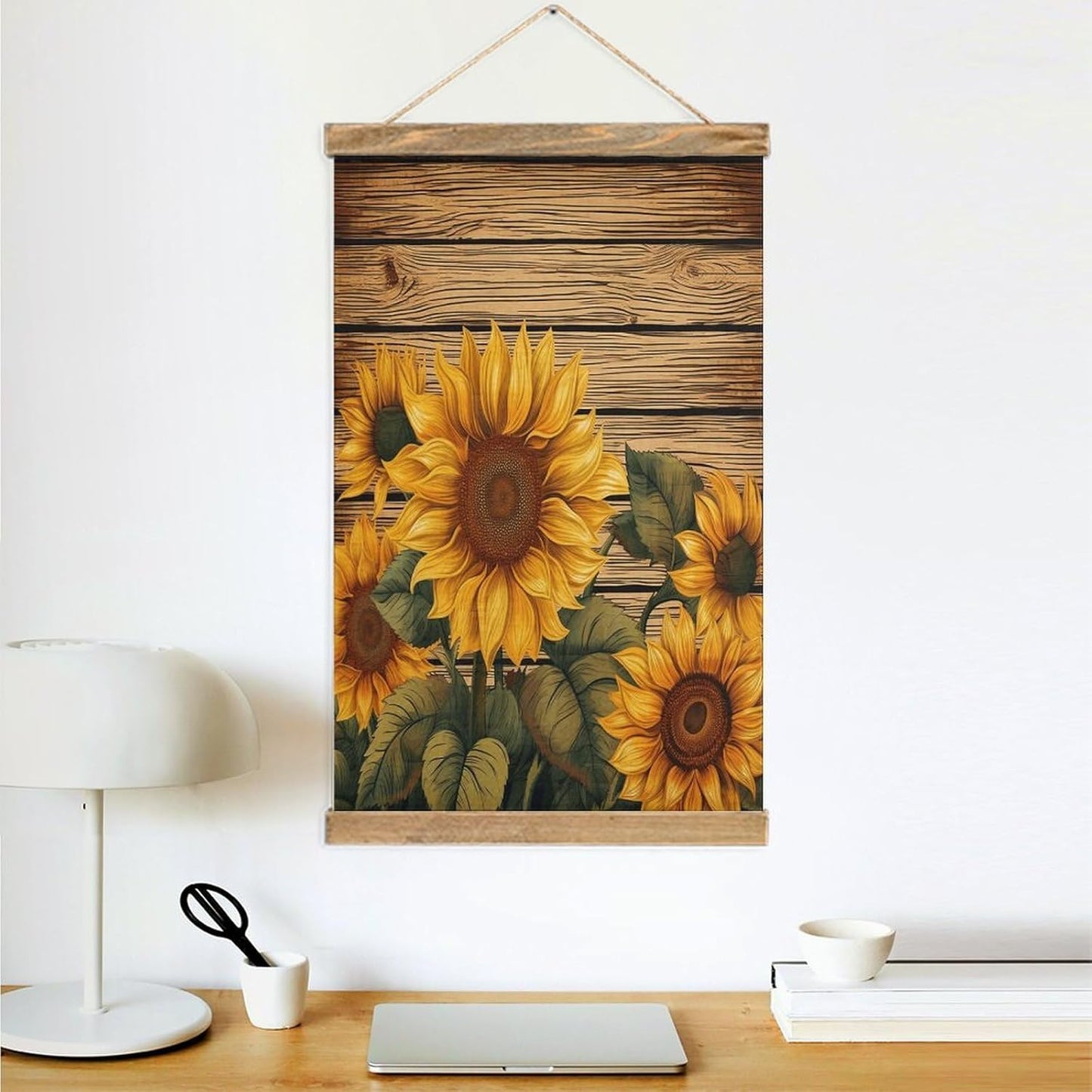 Vintage Paint Wooden Board Sunflower Poster with Wooden Frame Personalized Linen Hanging Scroll Painting Rustic Wall Hanging Illustrative Modern Artwork Decor for Home Living Room Bedroom Office