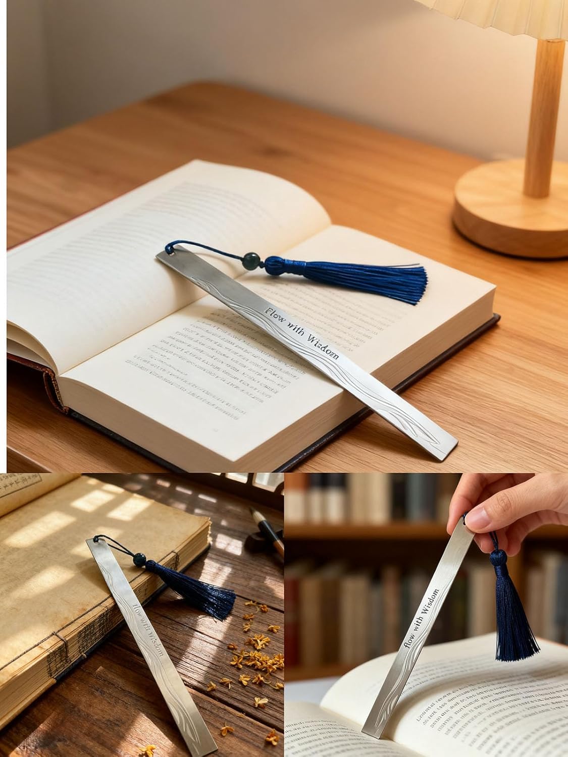 Stainless Steel Bookmark for Men - Flow with Wisdom Gift for Dad Husband and Book Lovers | Laser Engraved Metal Page Holder with Blue Tassel 5.9 Inches