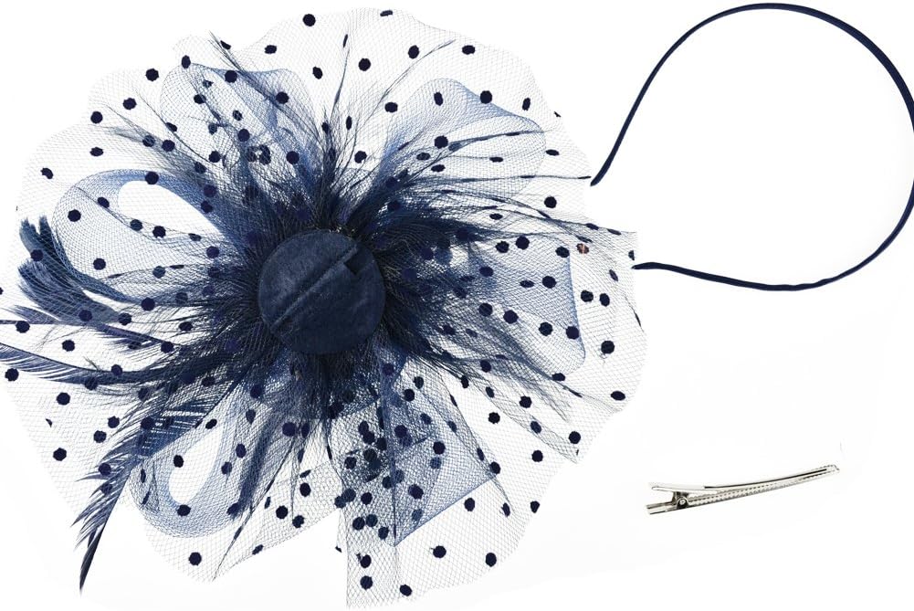 DRESHOW Fascinators Hat Flower Mesh Ribbons Feathers on a Headband and a Clip Tea Party Headwear for Girls and Women