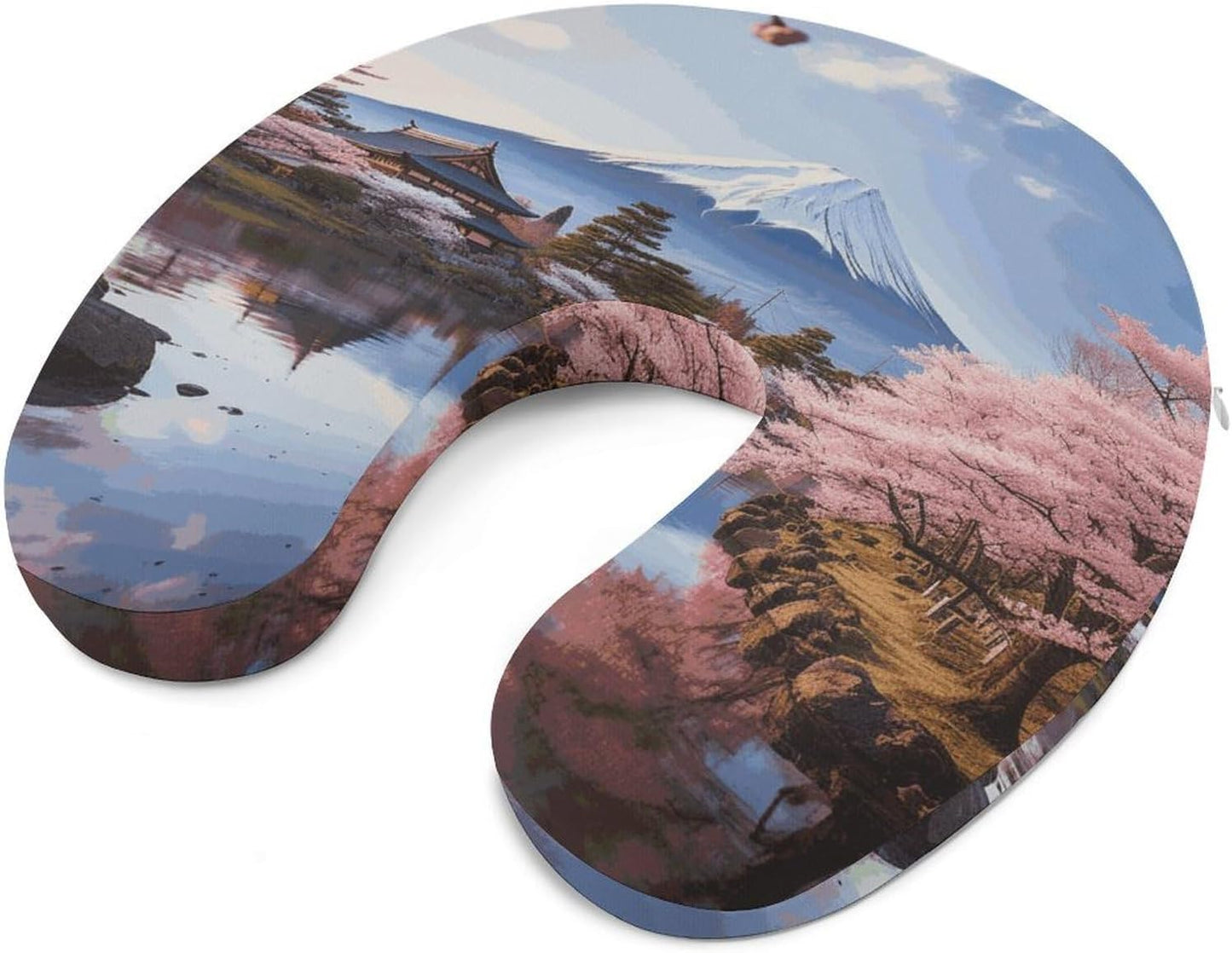 Mount Fuji Cherry Blossom Trees Neck Pillow Memory Foam U Shaped Pillows Portable Pillows for Shoulder Travel Head Support Pillow with Concealed Zipper for Airplane Car Home Office