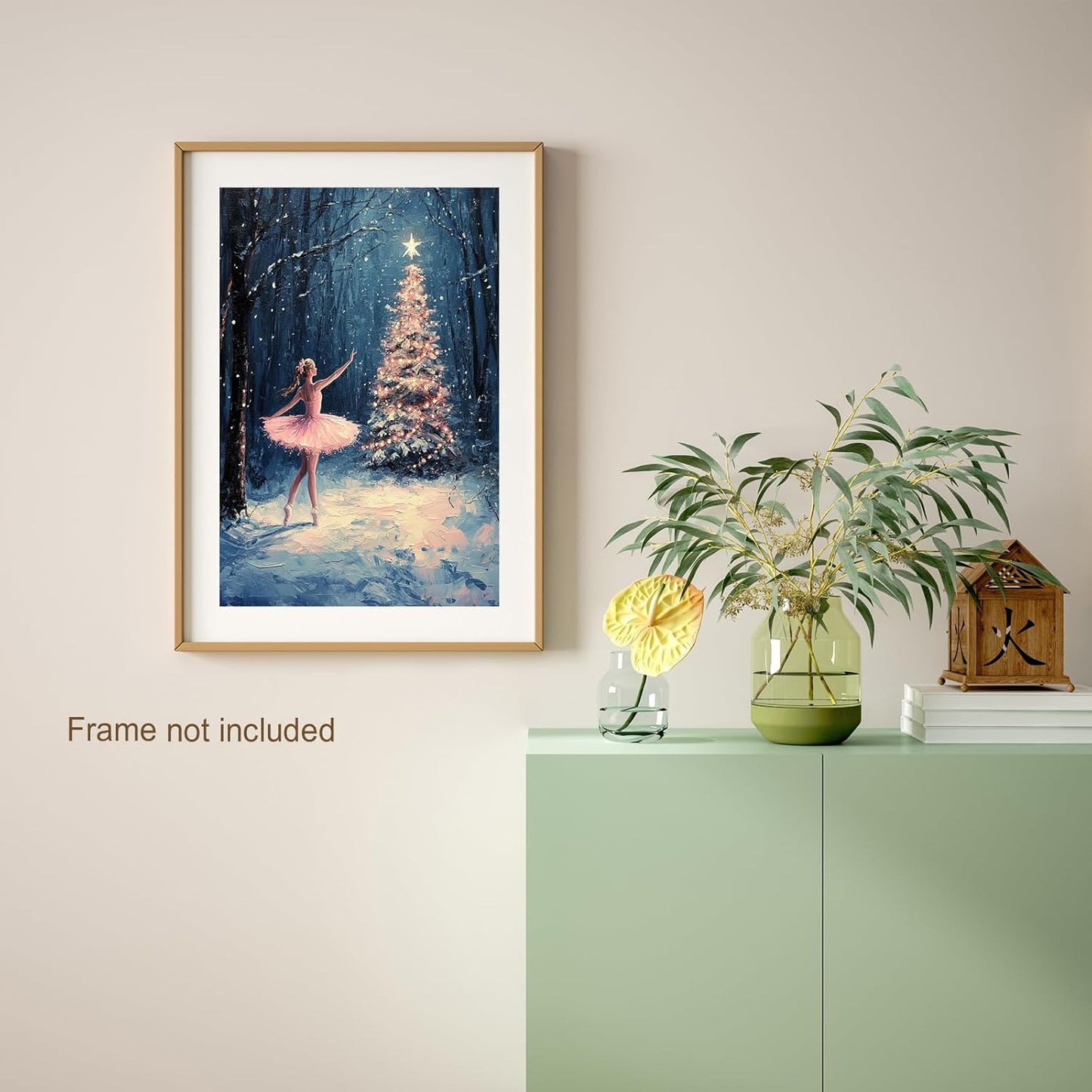 Vintage Pink Ballet Christmas Tree Wall Art Retro Lighted Winter Pine Botanical Aesthetic Picture Prints Rustic Scene Winter Room Wall Decor Canvas Posters Farmhouse Holiday Decor16x24in Unframed
