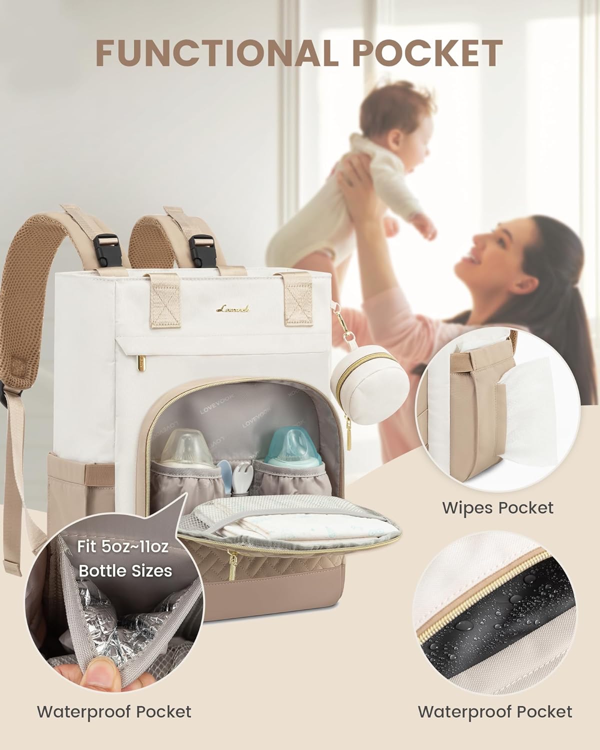 LOVEVOOK Diaper Bag Backpack, Large Capacity Portable Baby Bag with Foldable Diaper Changing Pad, Waterproof Baby Diaper Bags Gift for Mon Dad, Ivory Khaki