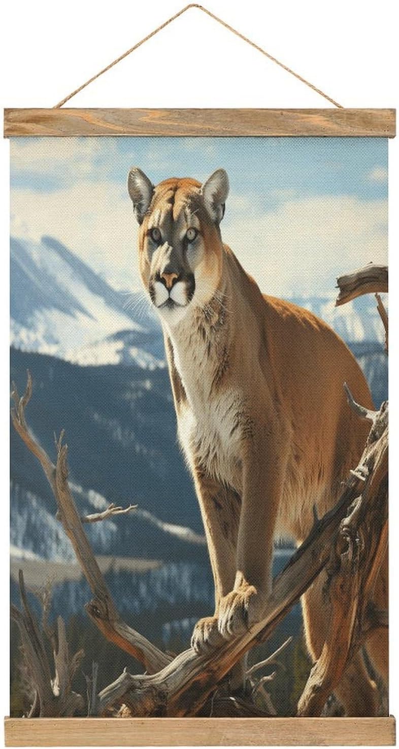 Vintage Panther Mountain Lion Poster with Wooden Frame Personalized Linen Hanging Scroll Painting Rustic Wall Hanging Illustrative Modern Artwork Decor for Home Living Room Bedroom Office