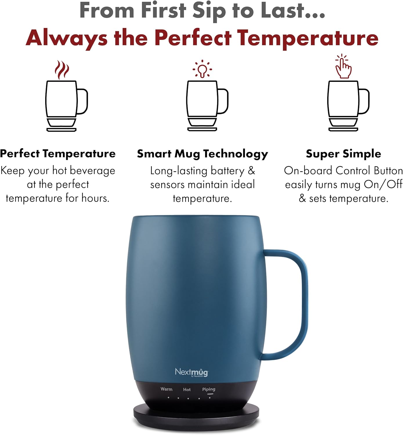 Nextmug Plus (Slate Blue - 18 oz.) Temperature-Controlled, Self-Heating Mug – No App, Long-Lasting Battery for Work & Study, Great Gift for Coffee Lovers
