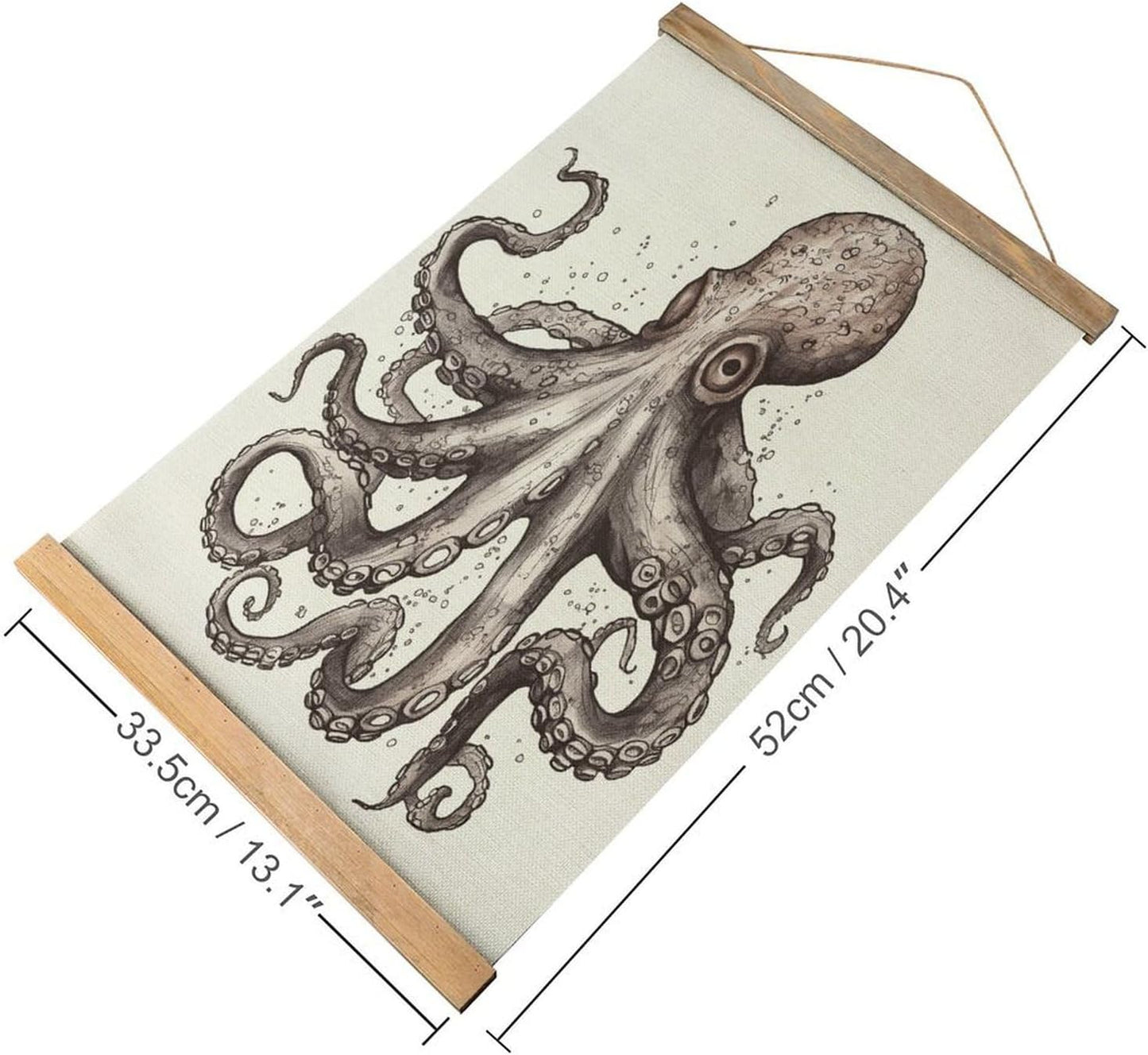 Vintage Octopus Poster with Wooden Frame Personalized Linen Hanging Scroll Painting Rustic Wall Hanging Illustrative Modern Artwork Decor for Home Living Room Bedroom Office