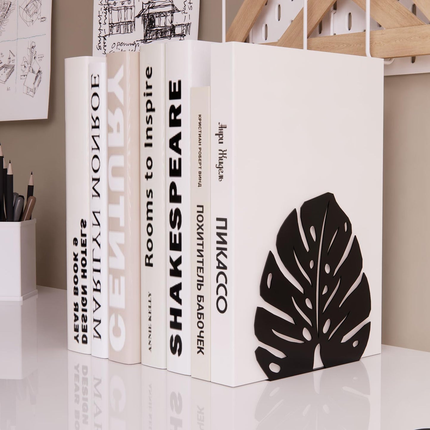 Decorative Bookends for Shelves, Sturdy Metal Book Ends for Heavy Books, Cute Monstera Design Non-Skid Book Stopper (2 Pairs, Black)