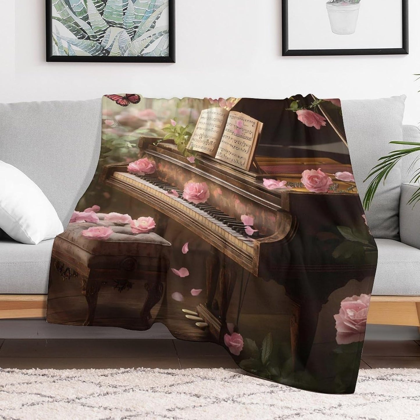 Piano Floral Gothic Flower Throw Blanket for Couch Bed Plush Cozy Fuzzy Flannel Blanket for All Season 55"x70"