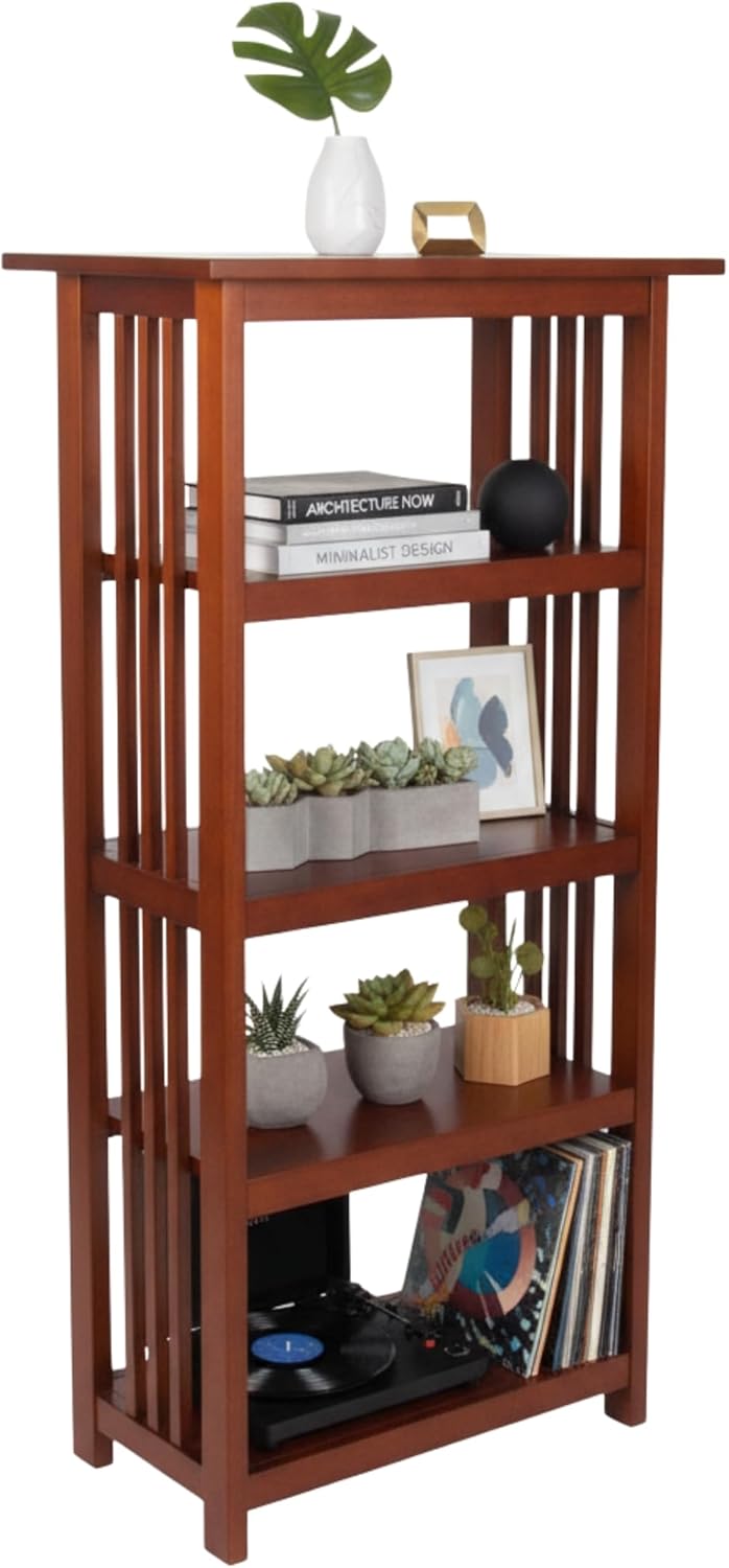 Alaterre Furniture Mission 4-Tier Bookcases with Adjustable Shelves – Mid-century Modern 48-Inch Wood Bookshelf for Living Room, Bedroom or Home Office (Cherry)