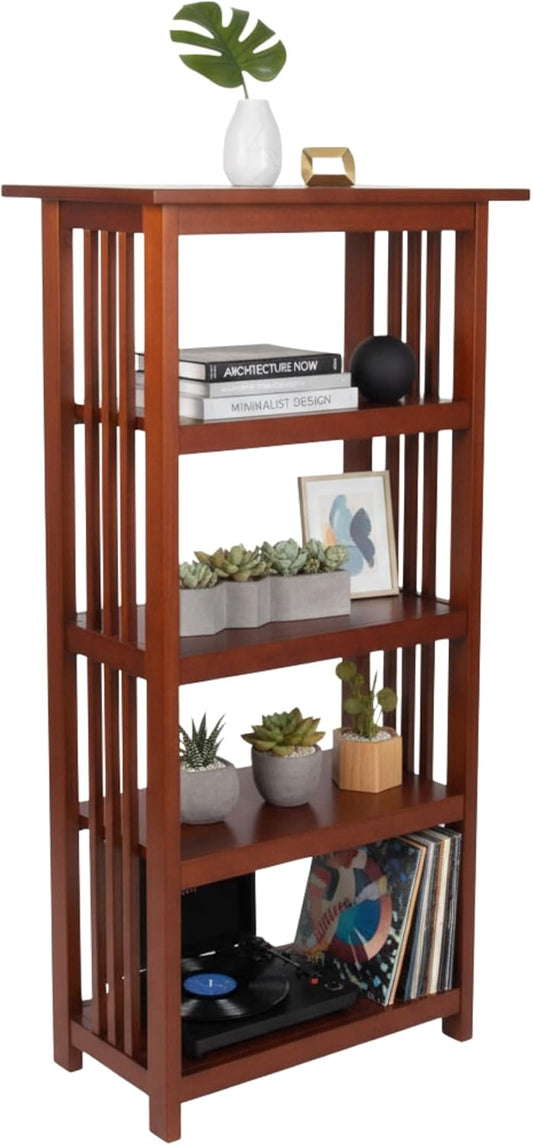 Alaterre Furniture Mission 4-Tier Bookcases with Adjustable Shelves – Mid-century Modern 48-Inch Wood Bookshelf for Living Room, Bedroom or Home Office (Cherry)