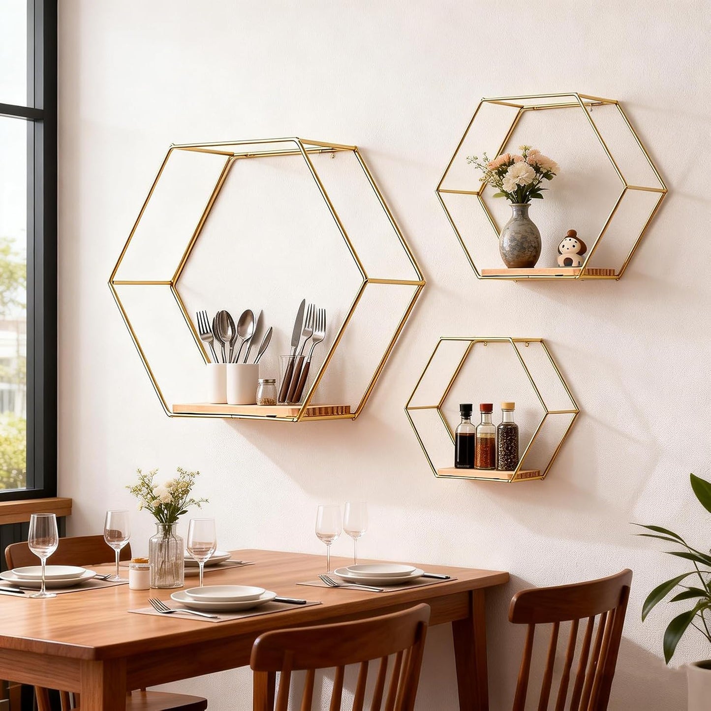 3 Pieces Hexagon Floating Shelves, Hexagon Wall Shelves, Gold Metal Wall Shelves with Wooden Panels – Modern Wall Decor for Bedroom, Living Room & Office Storage (Gold)