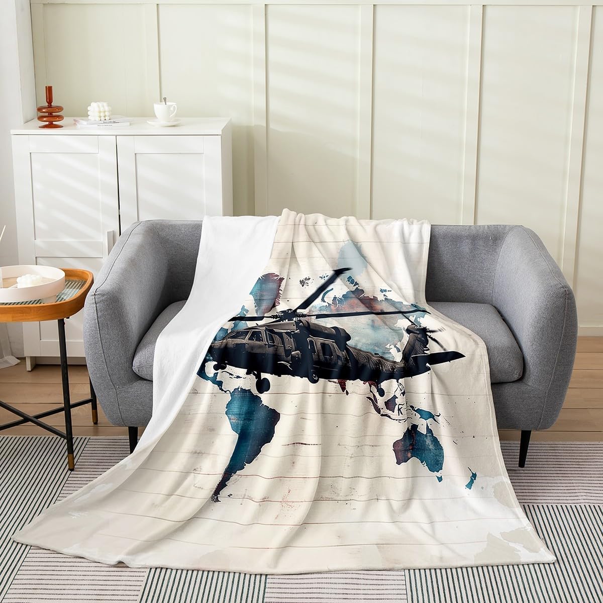Helicopter Kids Flannel Blanket,Tie-dye Graffiti Geometric Stripes Bed Blanket for Boys Girls,Airplane Aviation Aircraft Retro Fleece Blanket,Blue Beige Fuzzy Blanket,Twin Size (60 x 80 Inches)